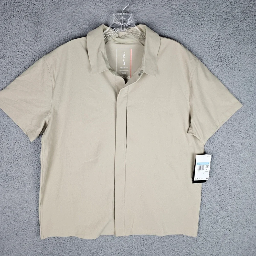 Nike Shirt Mens M Tan Dri-FIT 24.7 Training Short Sleeve Snap HQ6958-253 UPF 40+